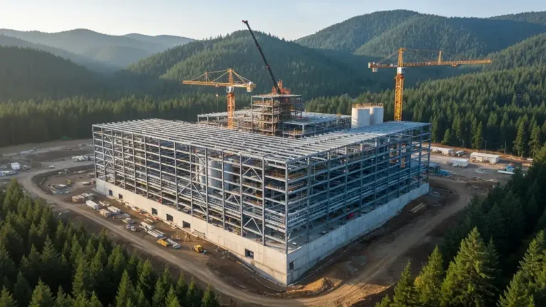 Roseburg Dillard MDF plant under construction in southern Oregon, aerial view of new manufacturing facility