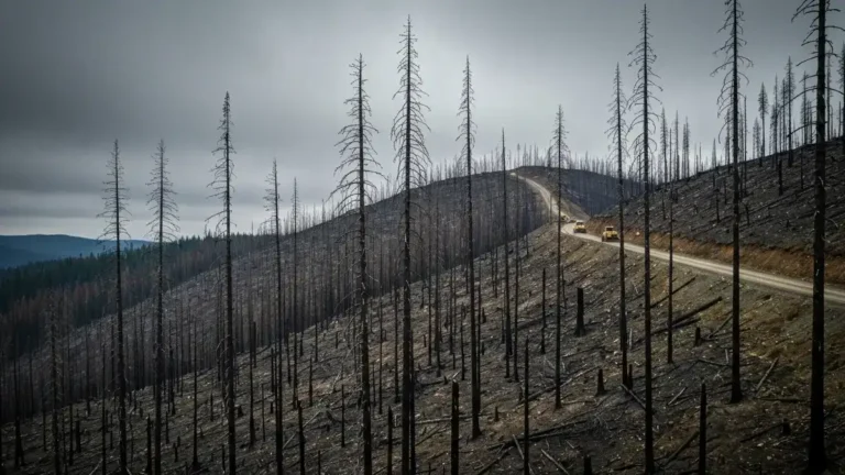 Salvage logging BC risks — burned forest hillside with snags and logging road in British Columbia interior.