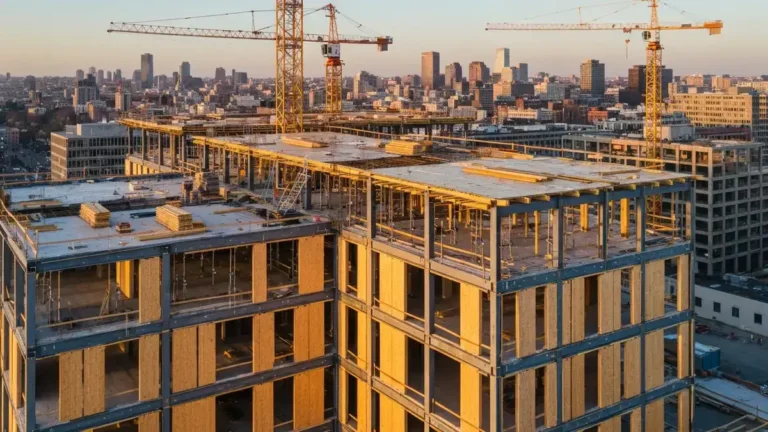 Mass timber construction panels being installed on a mid-rise building at golden hour, showing CLT structural elements.