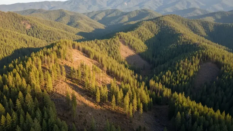 Aerial view of California forest with wildfire fuel reduction corridors and cleared firebreaks in Sierra Nevada foothills.