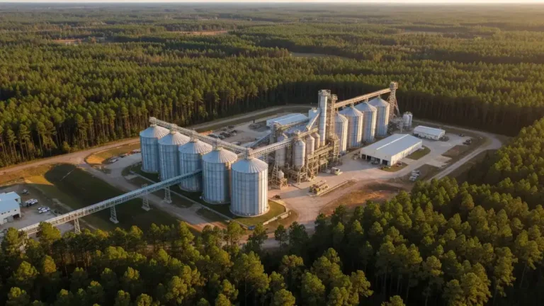 Wood pellet manufacturing facility in Louisiana amid southern pine forests, aerial view at golden hour.