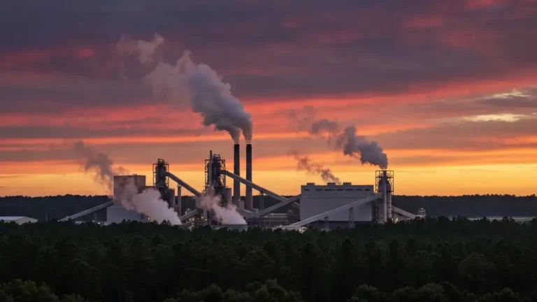 International Paper Pine Hill Alabama pulp mill exterior with industrial stacks and southern pine forest in background at dusk