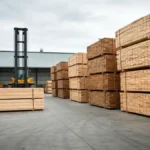 Stacked dimensional lumber sorted by size in an industrial lumber yard, forklift visible in background, overcast sky