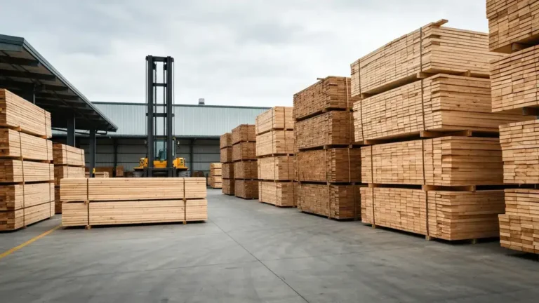 Stacked dimensional lumber sorted by size in an industrial lumber yard, forklift visible in background, overcast sky