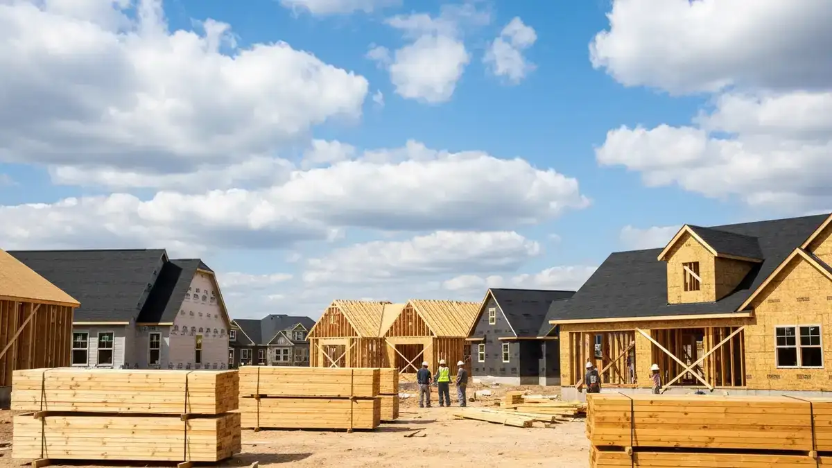 Timber-framed homes under construction in a US suburban development with lumber stacks in the foreground