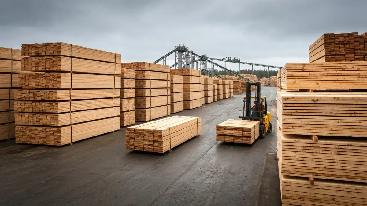 Canadian sawmill lumber yard with stacks of softwood lumber and a forklift under an overcast sky