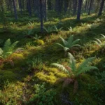 Dense Canadian boreal forest undergrowth with ferns, mosses, and low shrubs in dappled light — the kind of habitat where blacklegged ticks are found