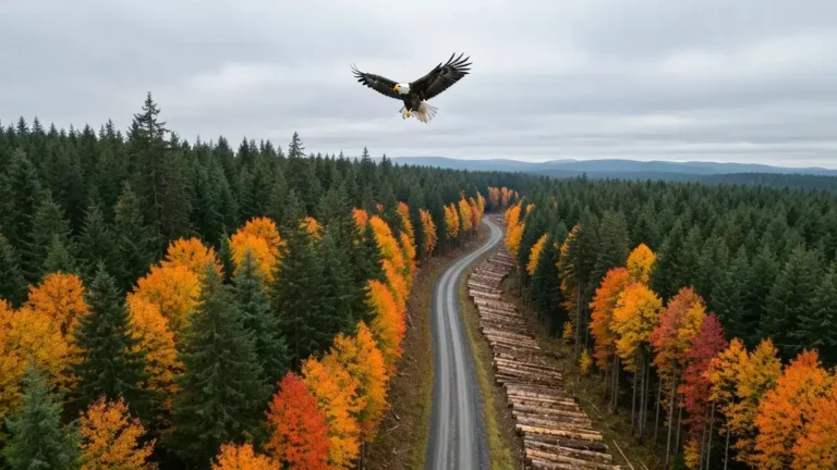 Aerial view of a logging road cutting through Pacific Northwest old-growth forest with a bald eagle in the foreground