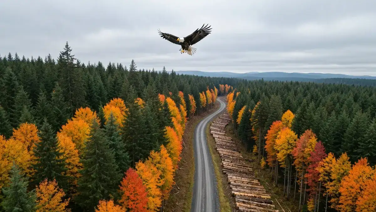 Aerial view of a logging road cutting through Pacific Northwest old-growth forest with a bald eagle in the foreground