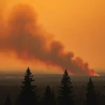 Orange-tinted wildfire smoke haze over a conifer forest landscape in British Columbia