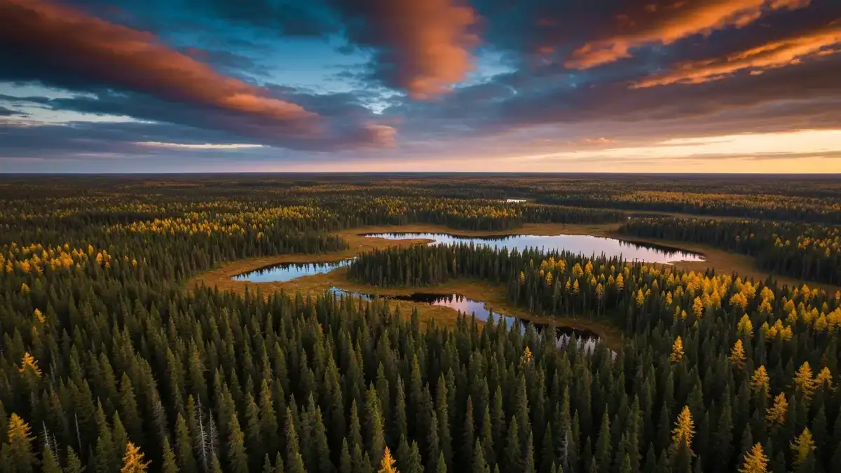 Aerial view of boreal forest in northeastern British Columbia showing dense black spruce stands and wetlands within Treaty 8 territory