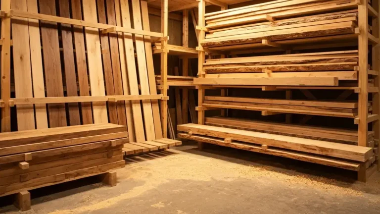 Small-scale custom sawmill interior with stacked finished wood products including hardwood flooring, rough-sawn beams, and furniture-grade lumber on heavy shelving