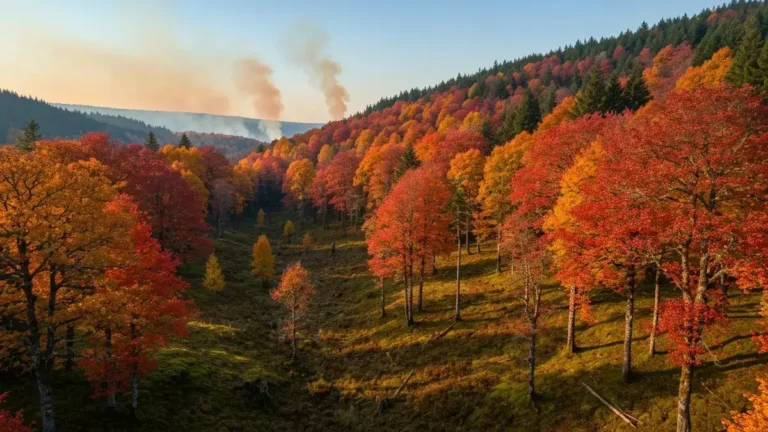 Aerial view of BC conifer forest with wildfire smoke columns rising in the Fraser Canyon region