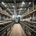 Interior of a modern sawmill showing large industrial machinery, conveyor belts, and lumber processing equipment under dramatic overhead lighting