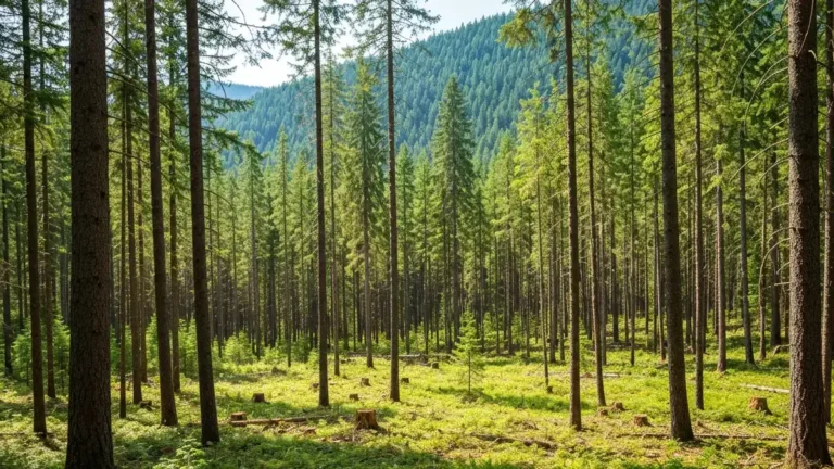 Thinned BC forest stand with a fire break in the foreground and dense green forest in the background, showing responsible forest management practices