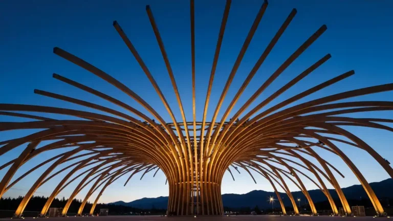 Wide-angle view of the Freedom Mobile Arch mass timber canopy at Hastings Park Vancouver, sixty curved wooden arches radiating in a starburst pattern against a mountain backdrop