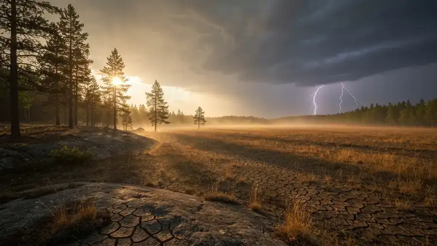 Heat haze and a distant lightning storm over dry northern Ontario forest near Thunder Bay