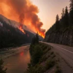Brunswick Creek wildfire burning above the Fraser Canyon highway near Boston Bar