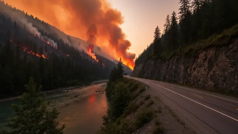 Brunswick Creek wildfire burning above the Fraser Canyon highway near Boston Bar