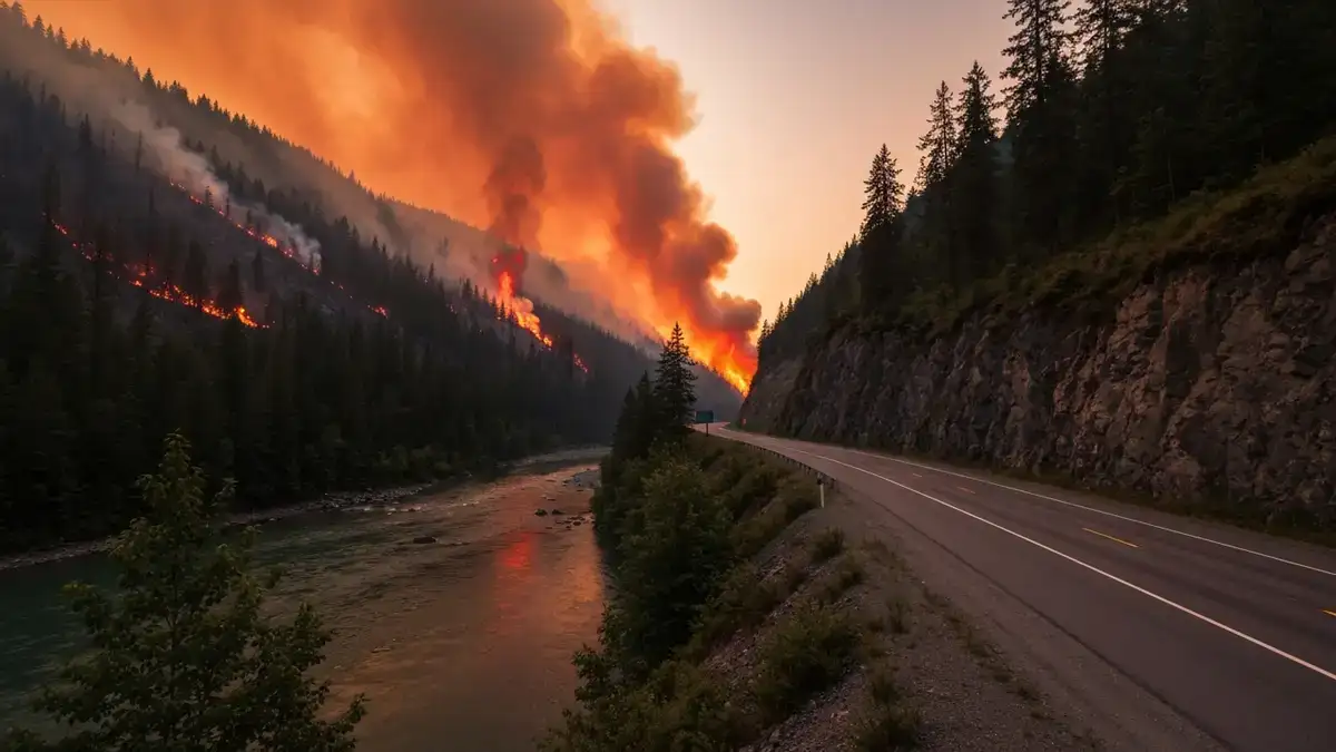 Brunswick Creek wildfire burning above the Fraser Canyon highway near Boston Bar