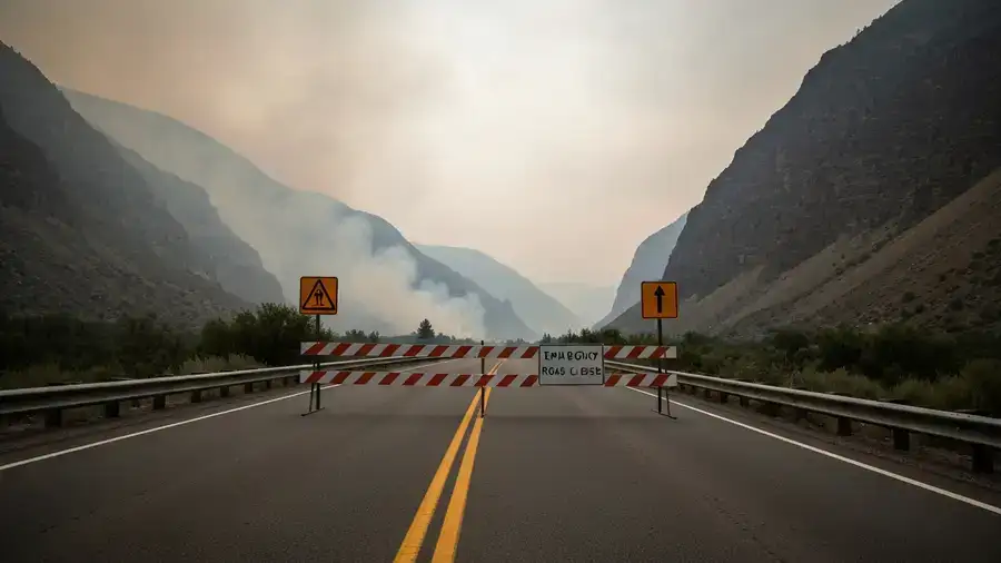 Closed Trans-Canada Highway barrier in the smoky Fraser Canyon near Boston Bar