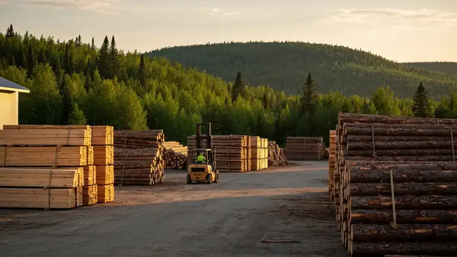 Northern Ontario sawmill yard with stacked lumber, tied to forestry jobs at risk from tariffs