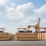 Global lumber and panel export yard illustrating the 2026 forest sector outlook