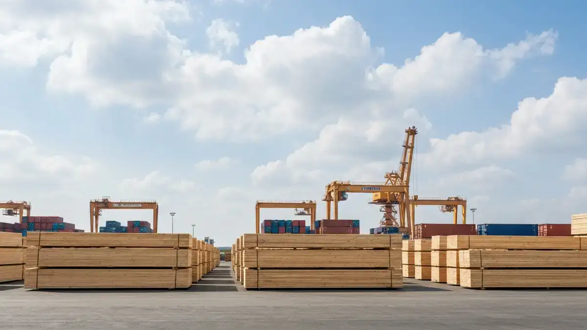 Global lumber and panel export yard illustrating the 2026 forest sector outlook
