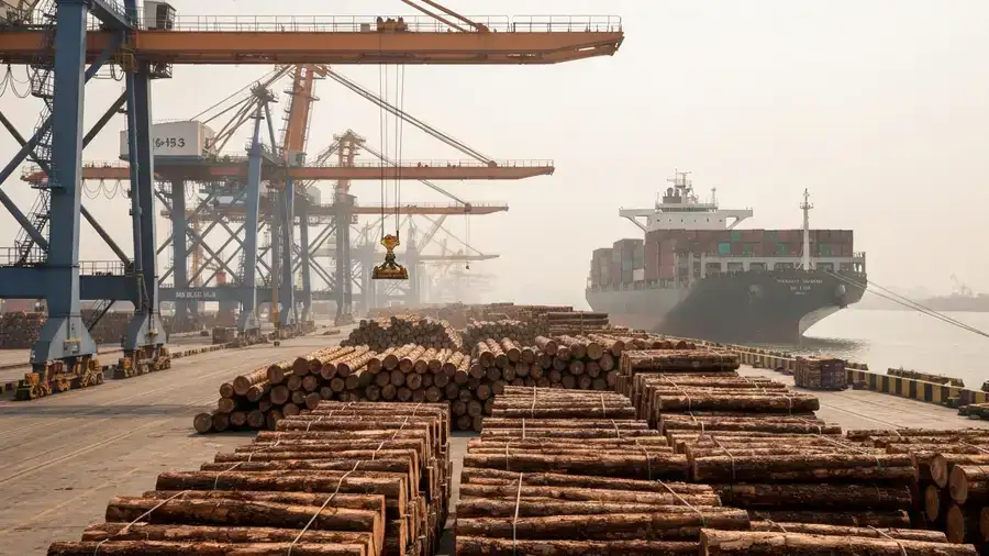 Chinese port handling imported hardwood logs, reflecting a challenging China market for suppliers