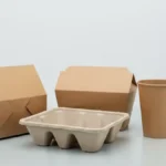 Paper packaging cartons and molded pulp tray beside a plastic wrapper, illustrating paperisation