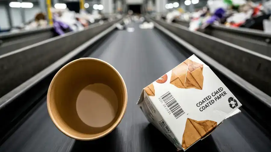 Coated paper cups on a recycling sorting line, illustrating the false solution recycling critique