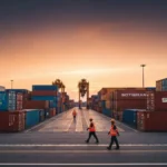 Canadian lumber and wood furniture staged at a port under tariffs, containers behind