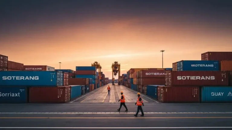 Canadian lumber and wood furniture staged at a port under tariffs, containers behind