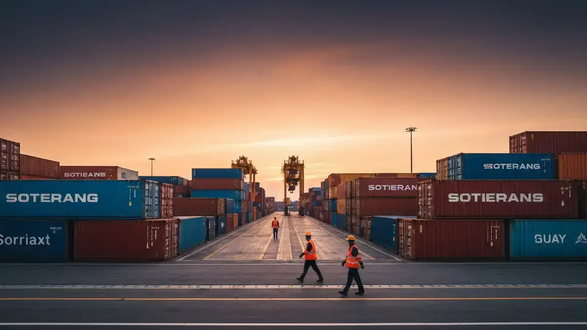 Canadian lumber and wood furniture staged at a port under tariffs, containers behind