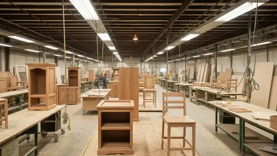 Finished wood furniture on a Canadian factory line facing new US tariffs on wood products