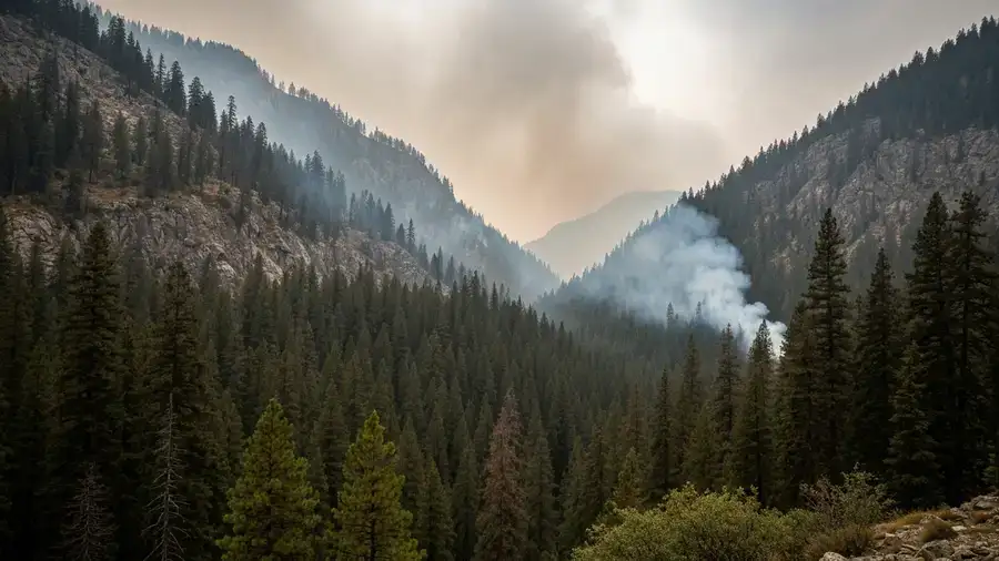 Remote roadless North Cascades terrain with wildfire smoke settling in the valleys