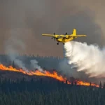 Water bomber dropping water on a Northern Ontario boreal wildfire during the federal response