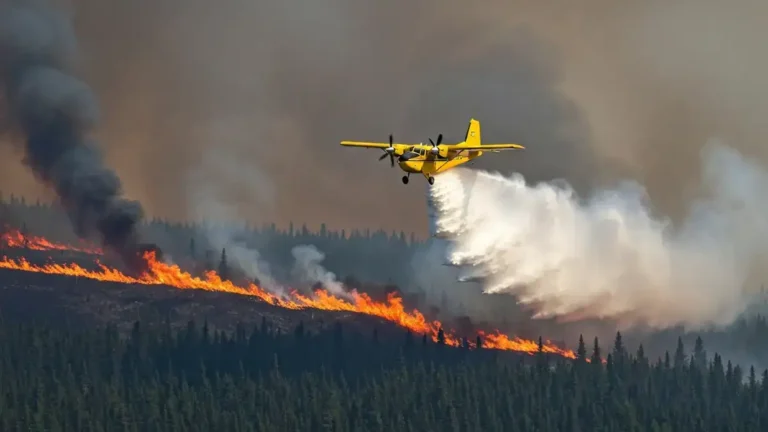 Water bomber dropping water on a Northern Ontario boreal wildfire during the federal response