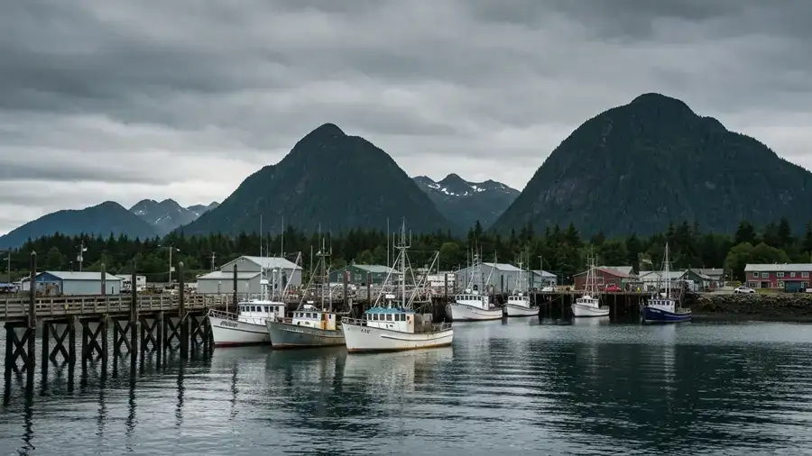 Southeast Alaska coastal community below forested mountains affected by the landless bill