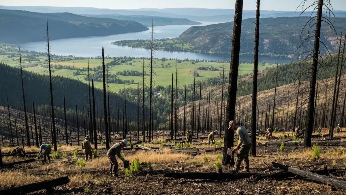 Tree planters restoring a fire-scarred Okanagan hillside on Osoyoos Indian Band land
