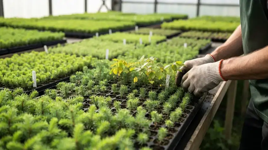 Conifer and deciduous seedlings in a First Nation-owned forest nursery greenhouse