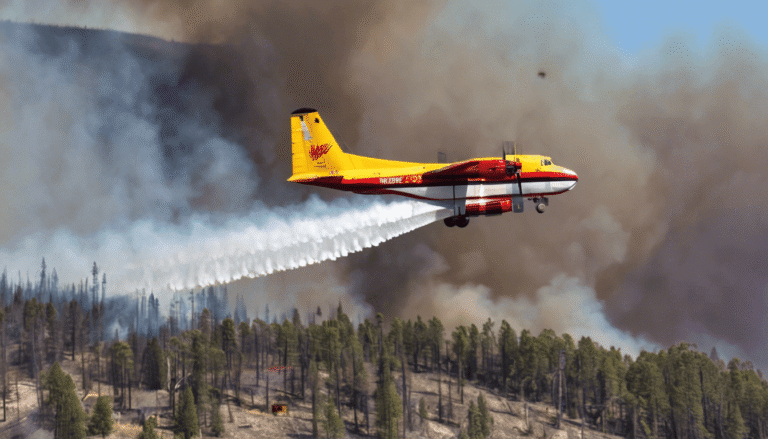 Water bomber aircraft releases suppressant over forest wildfire with smoke rising in the background.