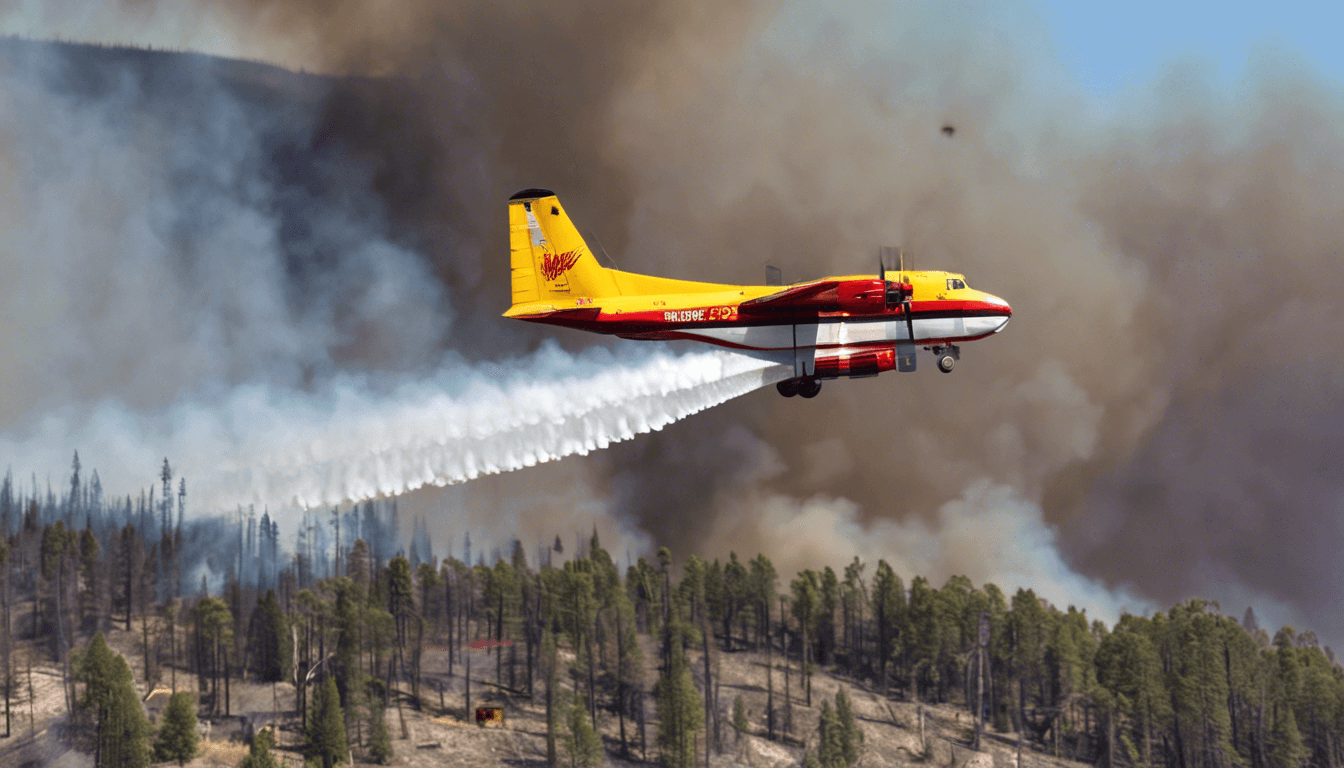 Water bomber aircraft releases suppressant over forest wildfire with smoke rising in the background.