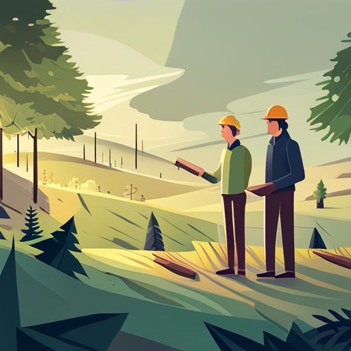 An image capturing a forester in a dense forest, working alongside loggers, equipment operators, and scientists. Show them collaborating on timber management, exchanging ideas, and sharing expertise to ensure sustainable practices
