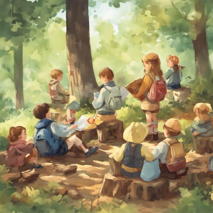 WTF forest school. It is a sunny day. Children in forest school watercolor 1