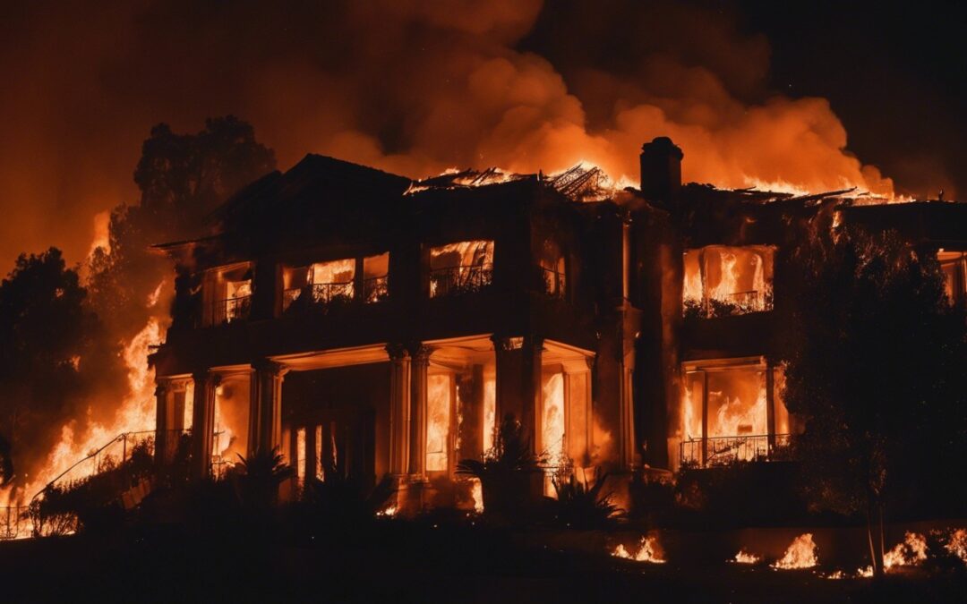 a nighttime photograph of a wealthy home ablaze from wildfires in los angeles