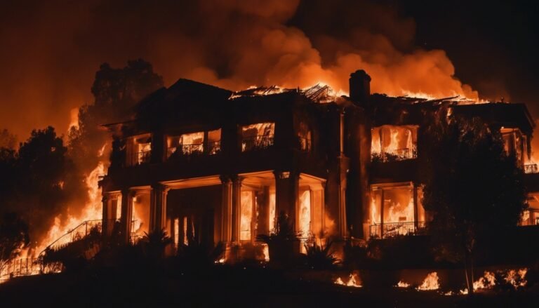 a nighttime photograph of a wealthy home ablaze from wildfires in los angeles