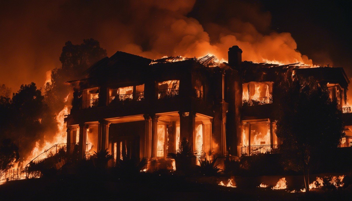 a nighttime photograph of a wealthy home ablaze from wildfires in los angeles
